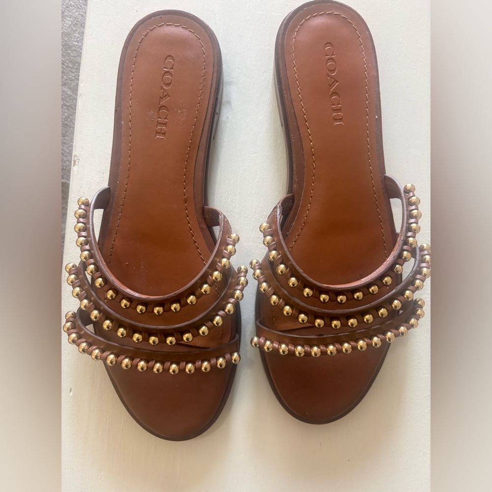 Coach Brown Leather Slide Sandals with Gold Studs